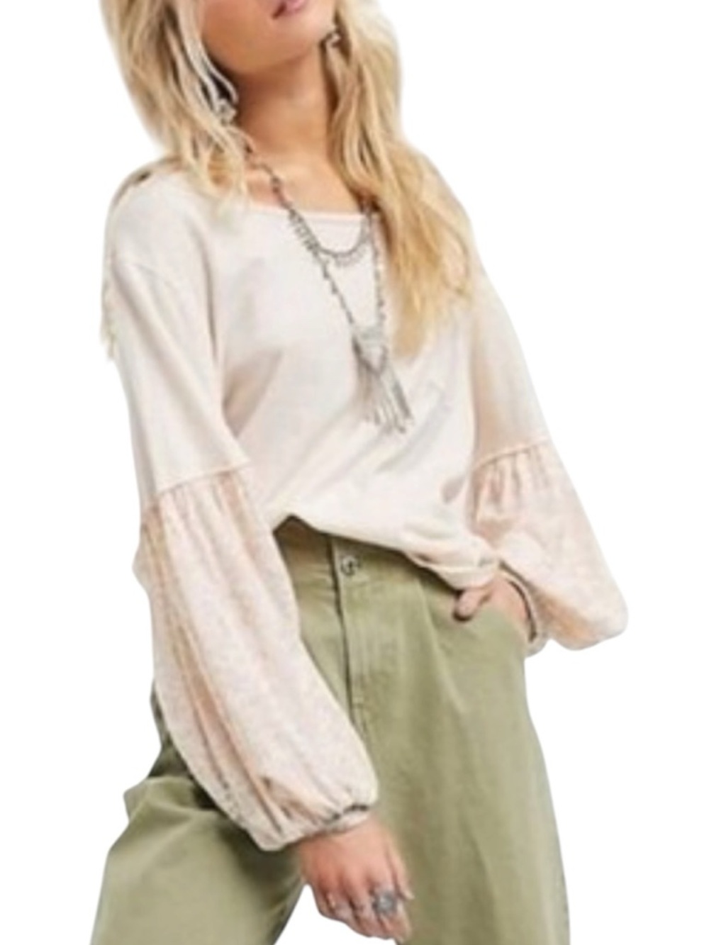 Free People We The Free Jade Top Womens Wide Neck Button Cuff Cream size L NWT